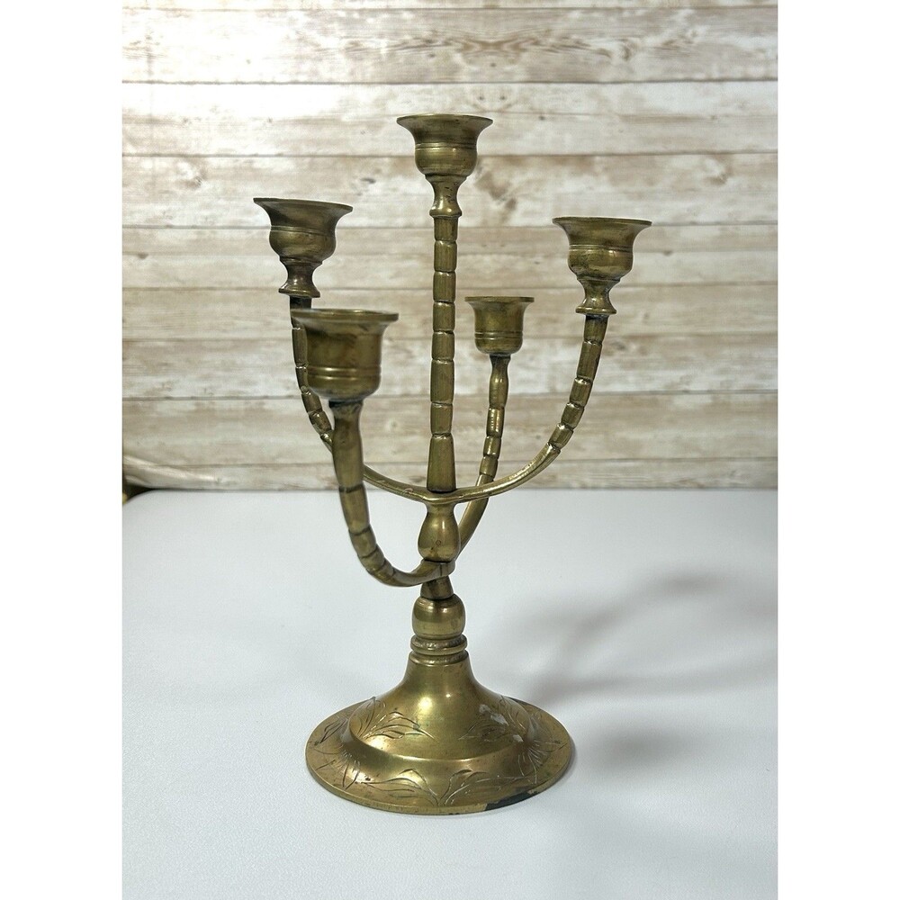 Vintage Solid Brass 5 Arm Candelabra Pair Ornate Etched Floral Base 9.5”